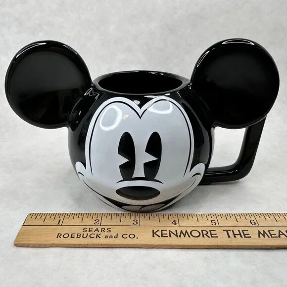 Vintage Disney Mickey Mouse Ceramic Mug W/ Spoon‎ Black & White 3D Ears D Handle - Picture 5 of 16